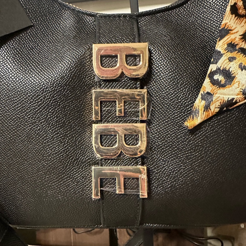 Bebe Black Shoulder Bag/tote with Leopard Scarf Detail - Picture 2 of 12